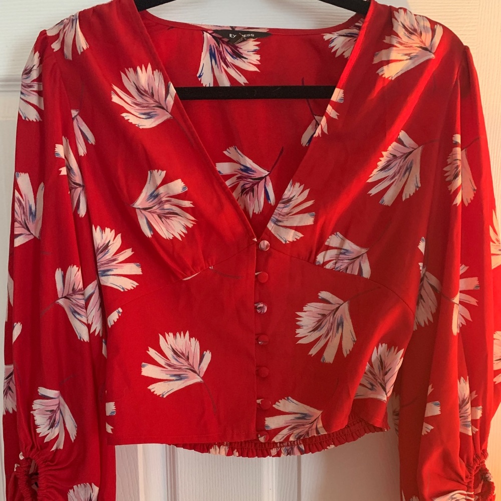 Express red floral cinched waist blouse